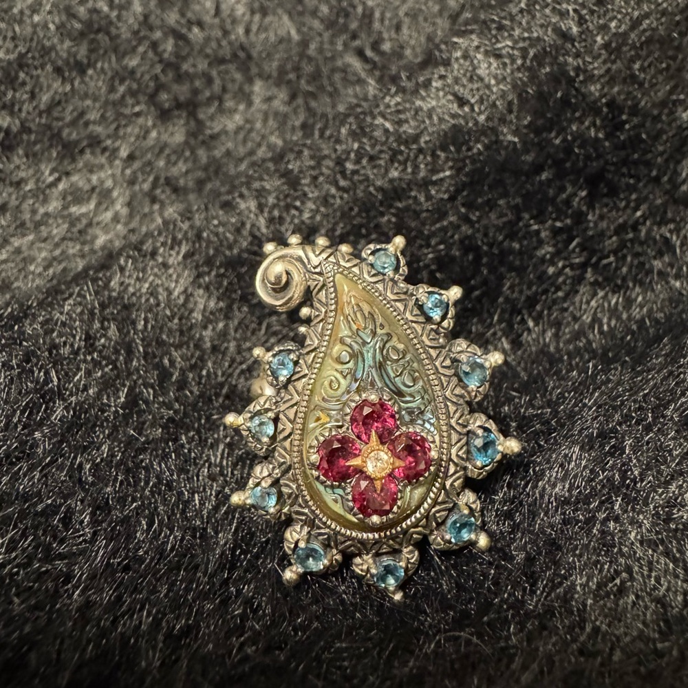 Barbara Bixby Paisley Ring accented with 18K gold,  Abalone, Garnet, Blue Topaz